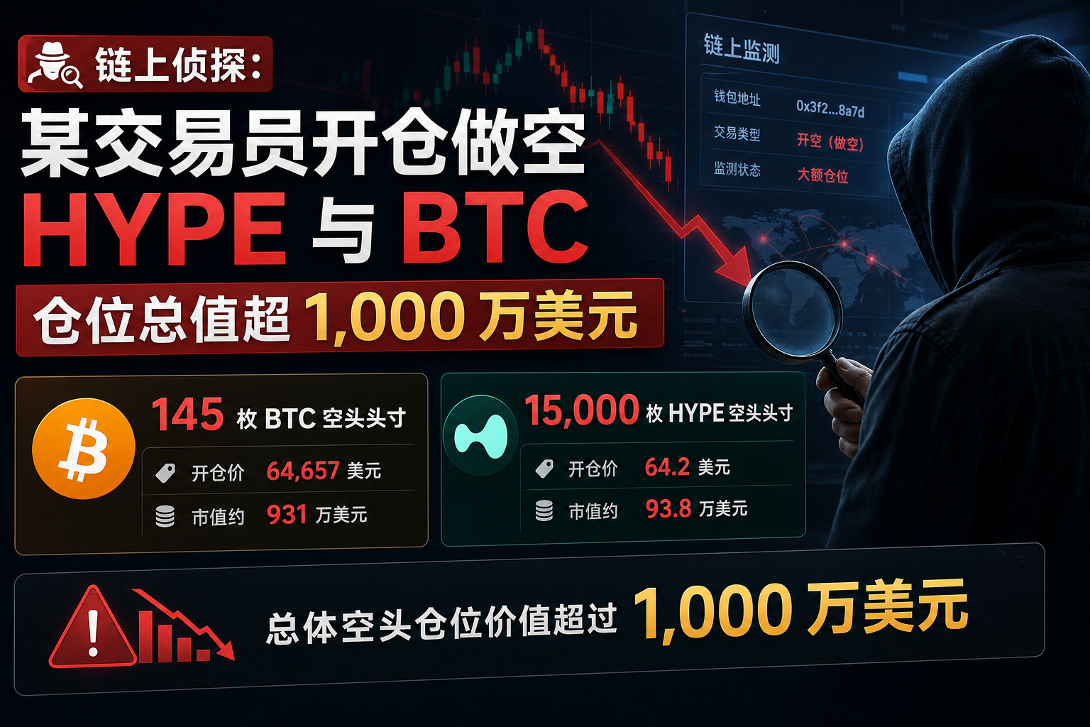 链上侦探:某交易员开仓做空 HYPE 与 BTC,仓位总值超 1,000 万美元