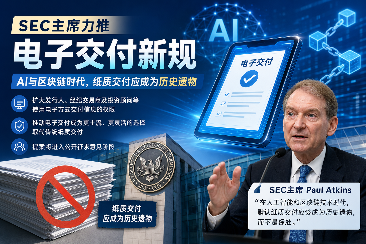 SEC主席力推电子交付新规:AI与区块链时代,纸质交付应成为历史遗物