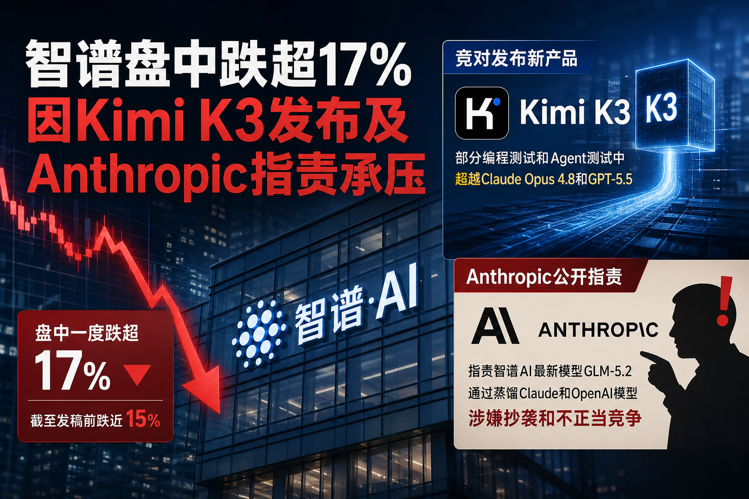 智谱盘中跌超17%,因Kimi K3发布及Anthropic指责承压