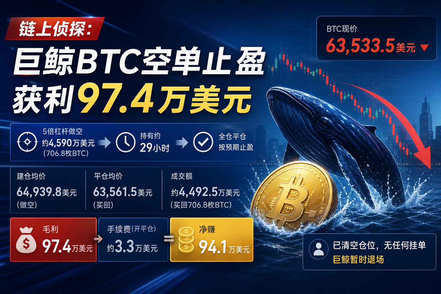 链上侦探:巨鲸BTC空单止盈获利97.4万美元