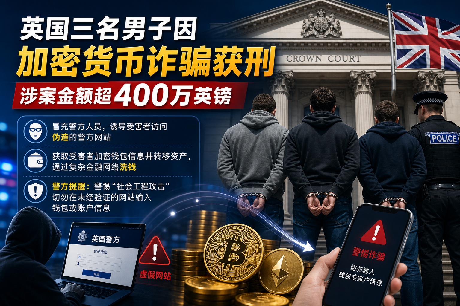 英国三名男子因加密货币诈骗获刑,涉案金额超400万英镑