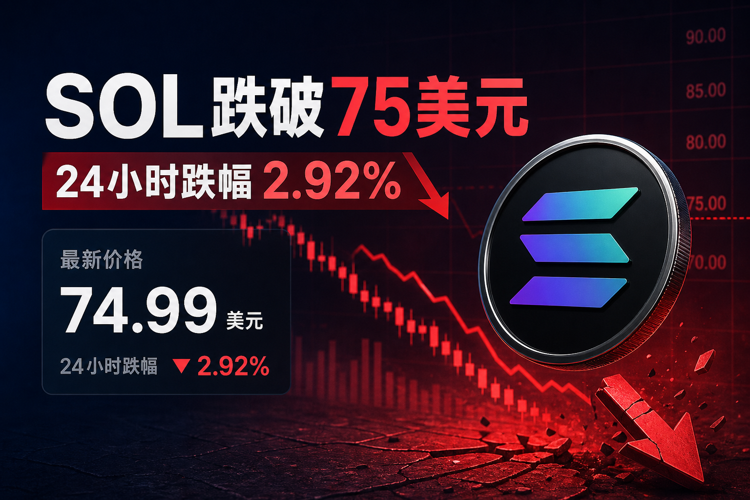 SOL跌破75美元，24小时跌幅2.92%