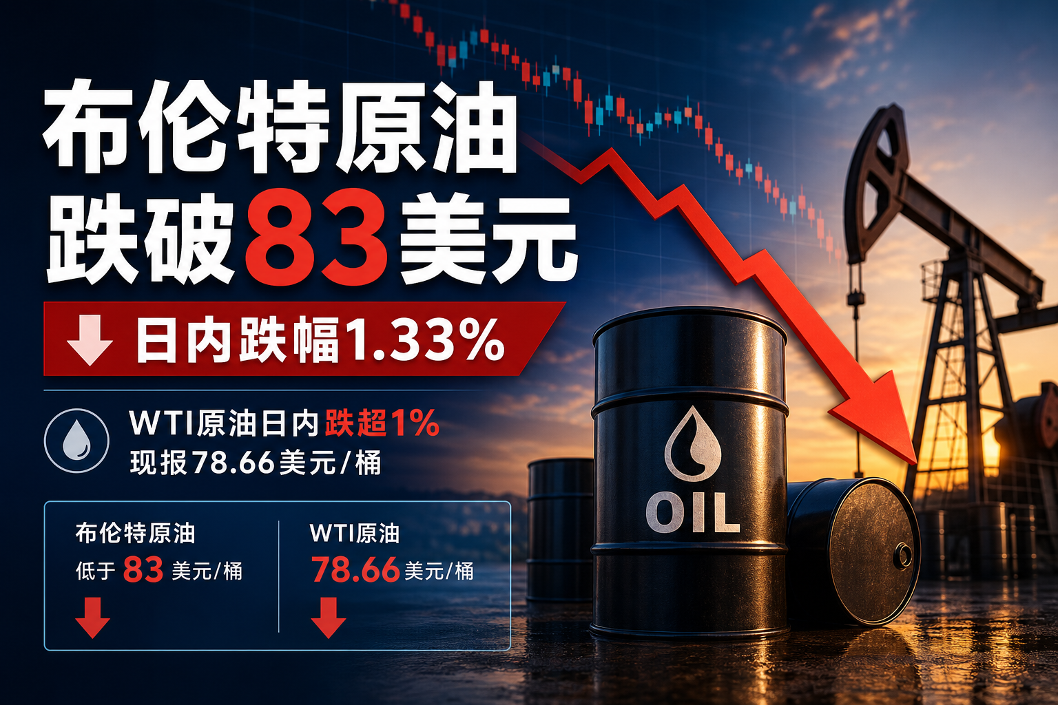 布伦特原油跌破83美元，日内跌幅1.33%