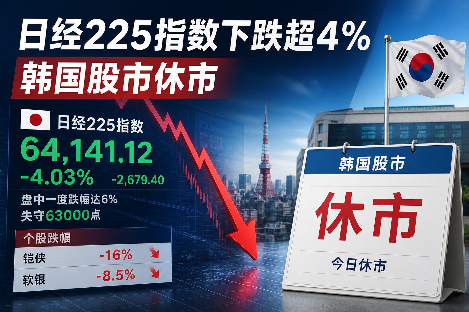 日经225指数下跌超4%,韩国股市休市