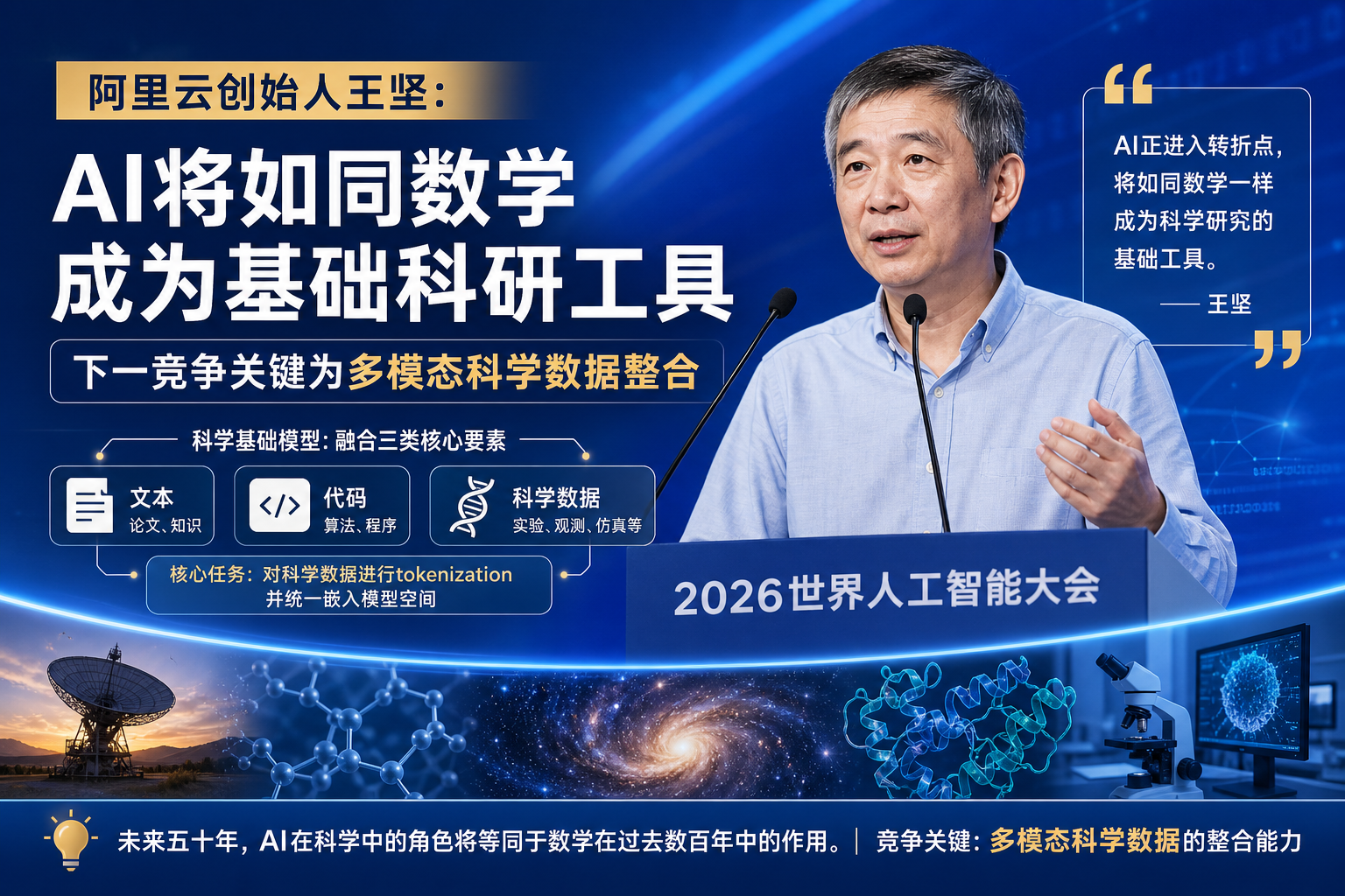 阿里云创始人:AI将如同数学成为基础科研工具,下一竞争关键为多模态科学数据整合