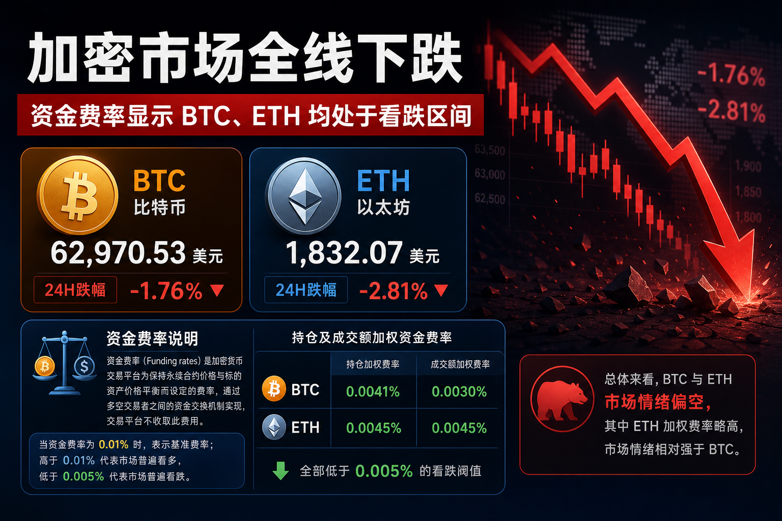 加密市场全线下跌,资金费率显示 BTC、ETH 均处于看跌区间