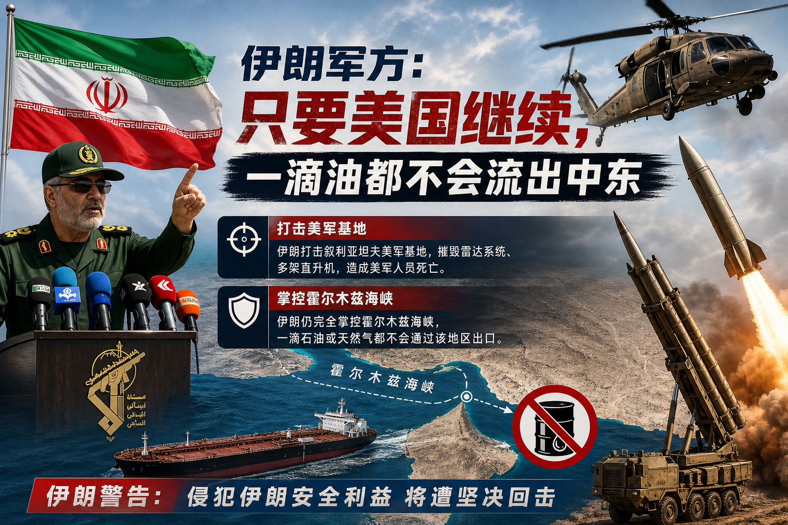 伊朗军方:只要美国继续,一滴油都不会流出中东