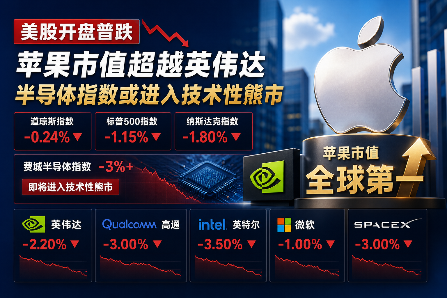 美股开盘普跌,苹果市值超越英伟达,半导体指数或进入技术性熊市