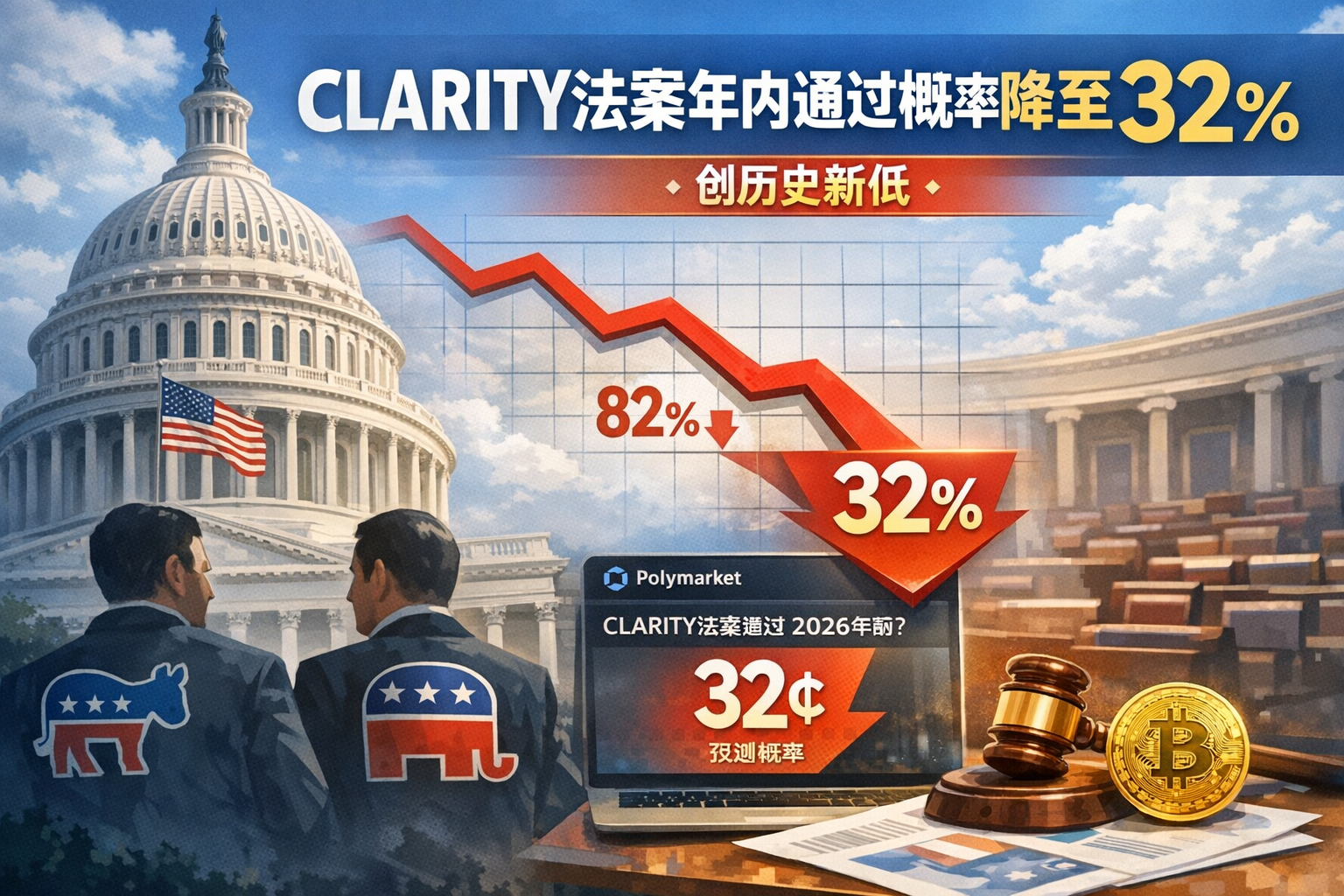 Polymarket上CLARITY法案年内通过概率降至32%,创历史新低