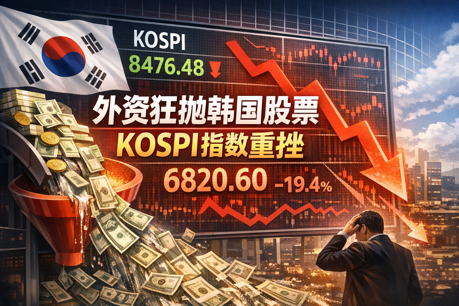 外资7月净卖出韩国股票超12万亿韩元 同期KOSPI指数跌超19%