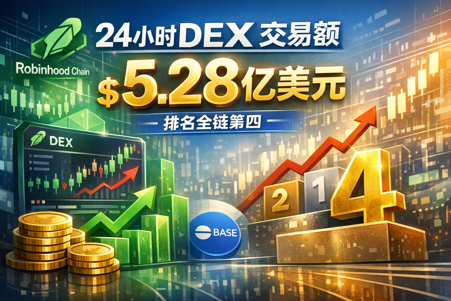 Robinhood Chain 24小时DEX交易额突破5.28亿美元 排名全链第四