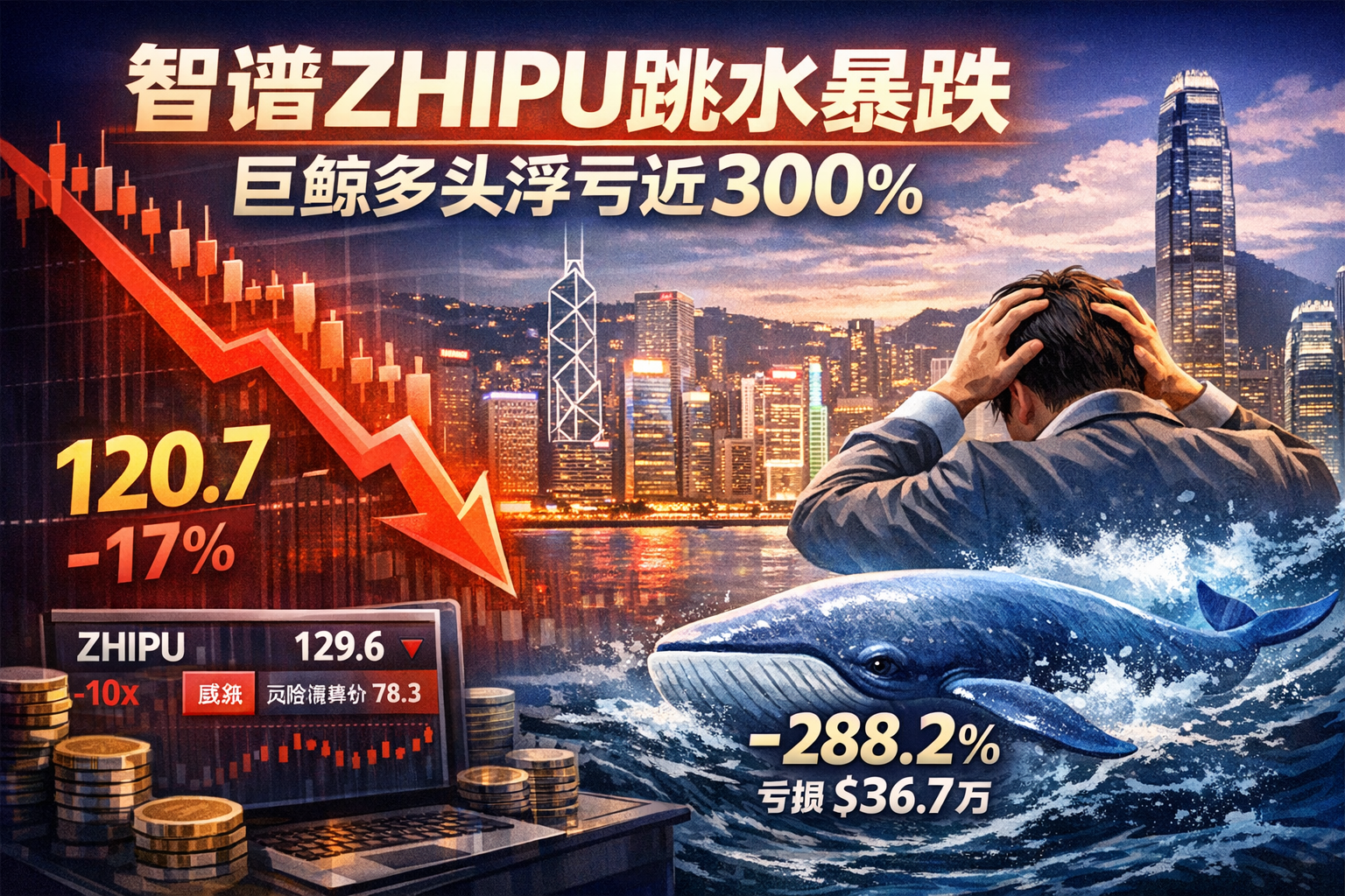 智谱ZHIPU股价短时跳水超17%,巨鲸多头加仓仍浮亏近300%