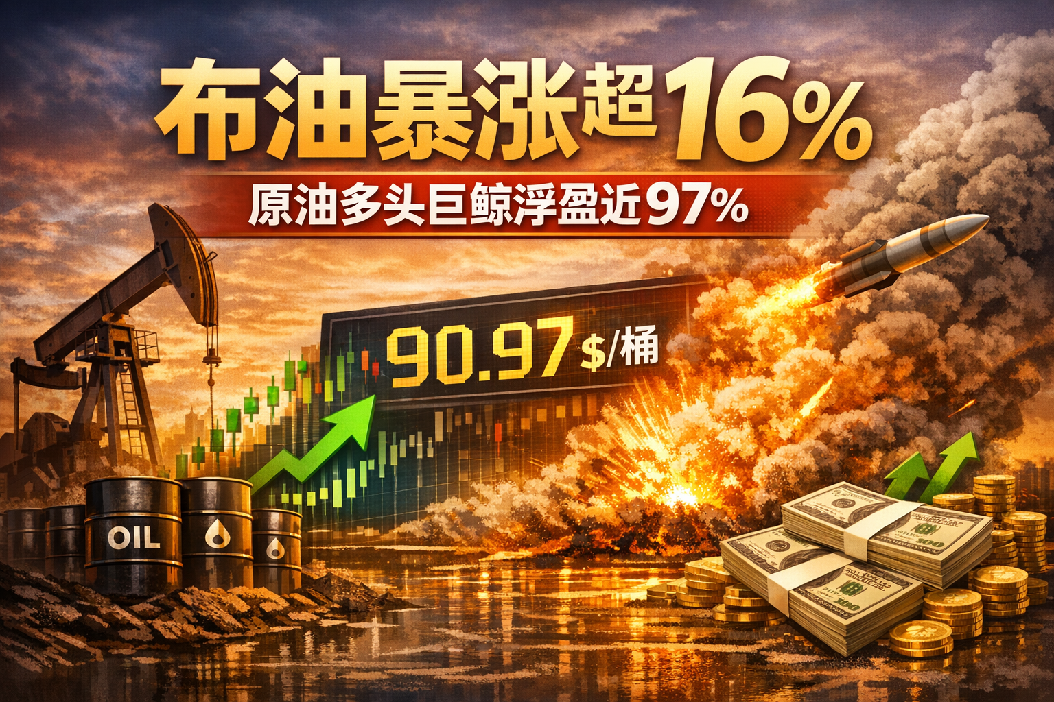 布油价格因美伊冲突重启累涨超16%,原油多头巨鲸浮盈近97%