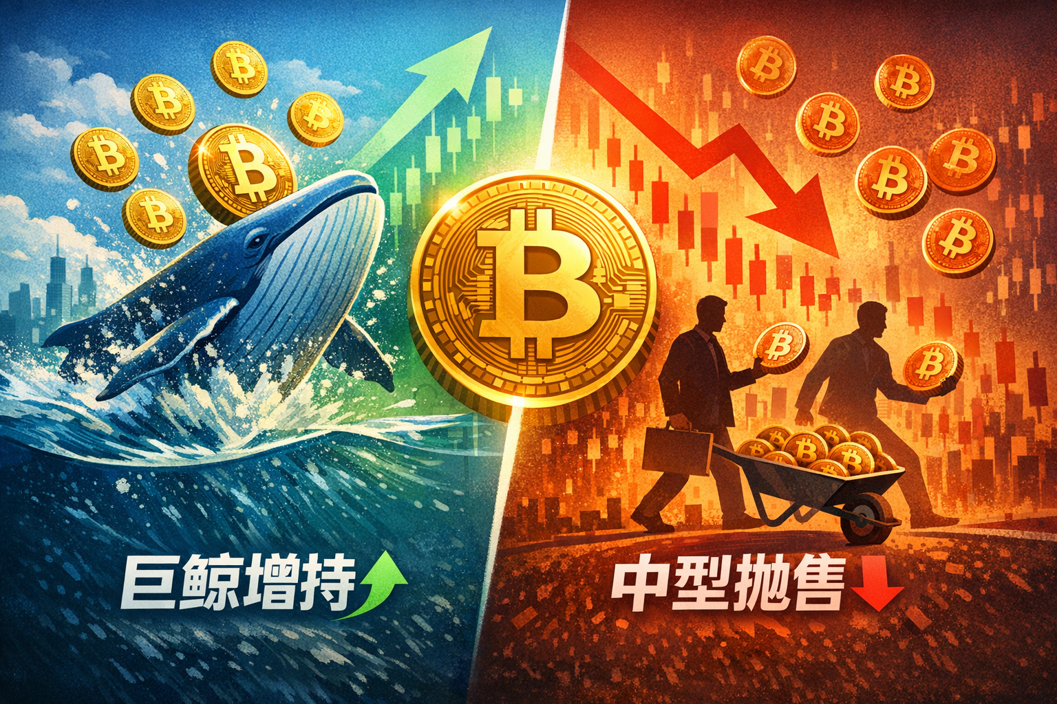 比特币鲸鱼分歧:巨鲸持续增持,中型持币群体加速抛售