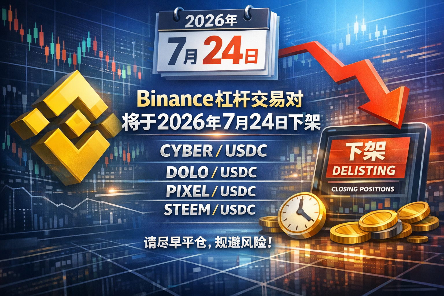 Binance杠杆将于2026年7月24日下架多交易对