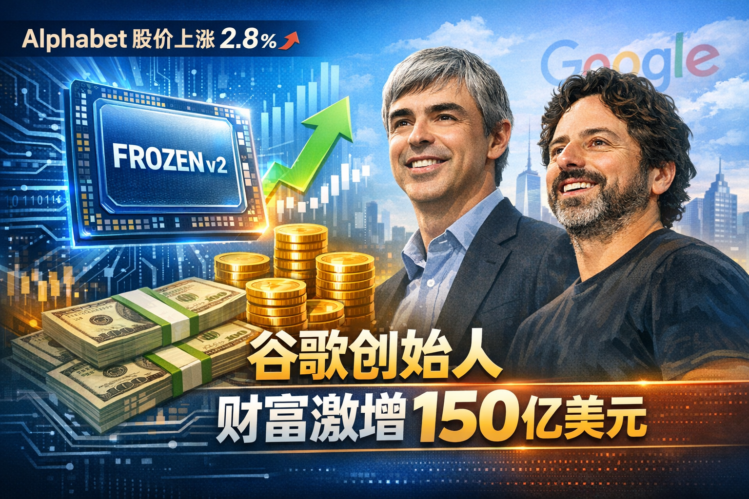 Alphabet股价上涨2.8%,谷歌联合创始人身家单日增加150亿美元