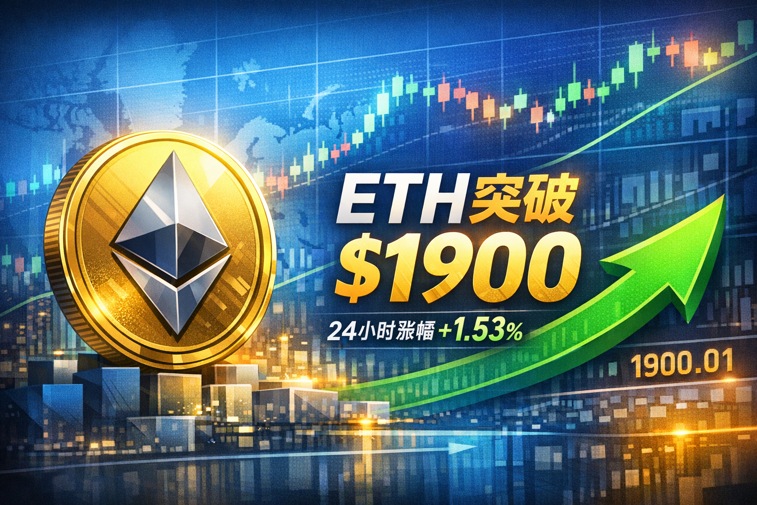 ETH突破1900美元，24小时涨幅1.53%