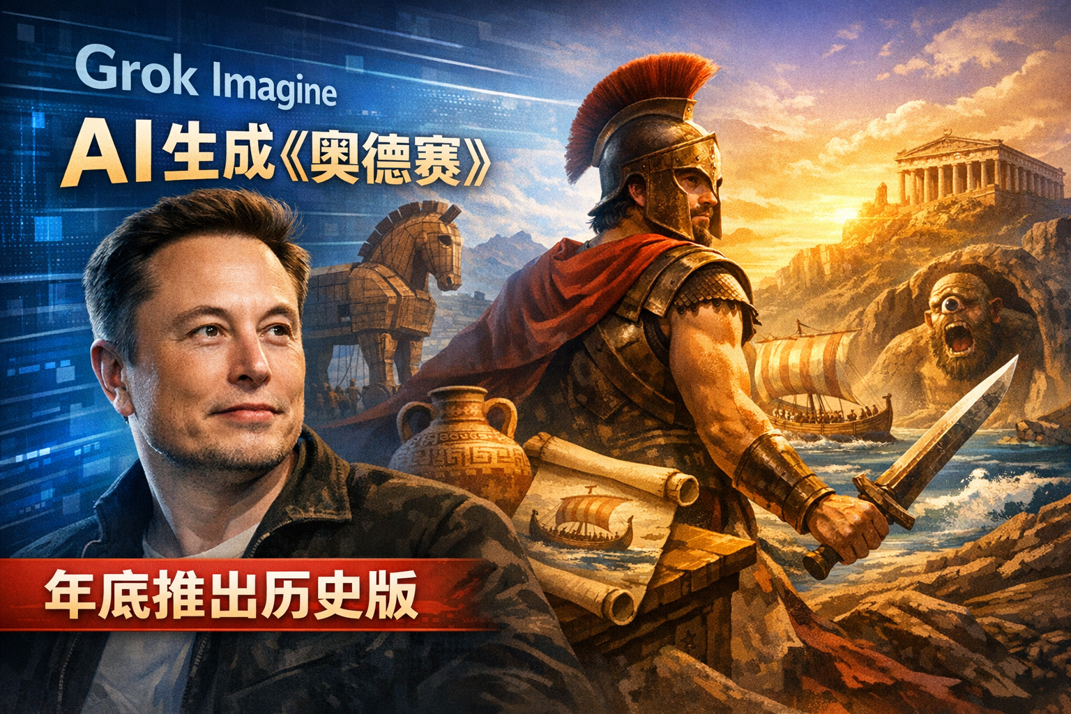 马斯克:Grok Imagine将在年底前生成「历史准确版」《奥德赛》长篇作品