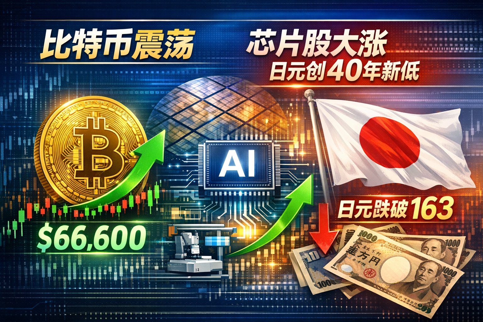 比特币维持6.6万美元震荡 芯片股持续上涨 日元跌至40年新低