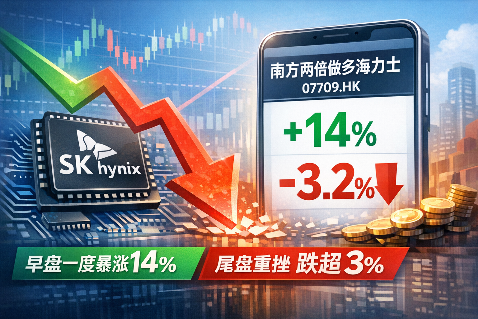 南方两倍做多海力士跌超3%，此前早盘涨超14%