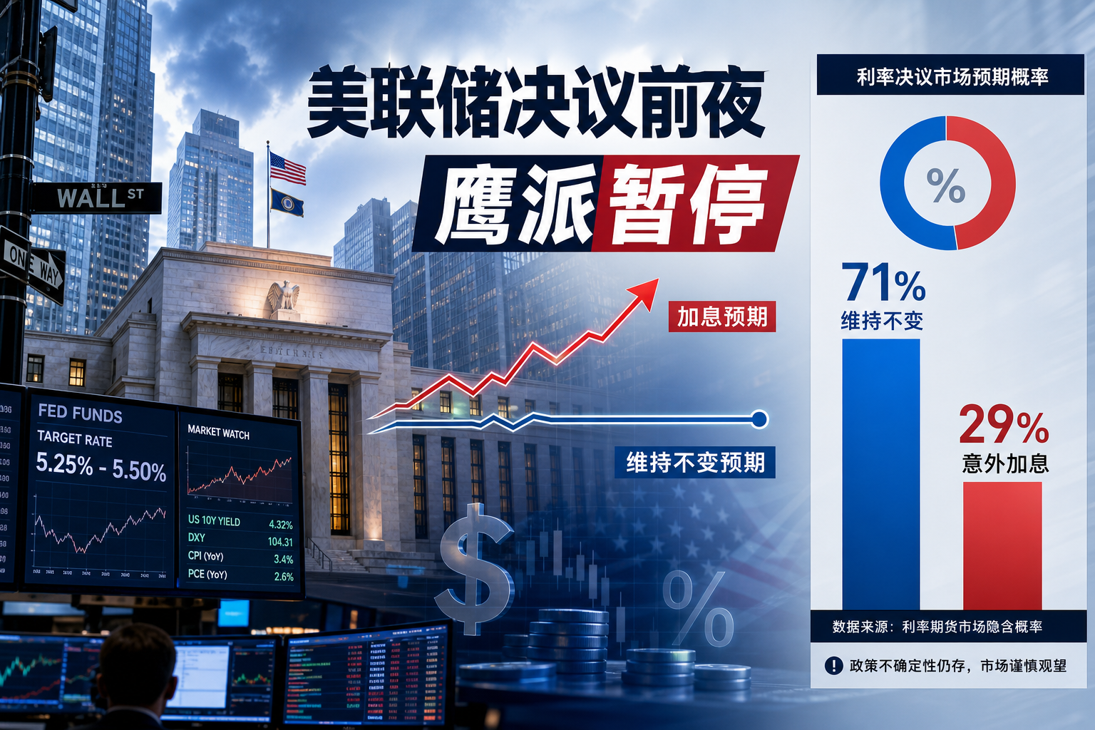 美联储决议前夜,华尔街押注“鹰派暂停”:近三成概率防范意外加息