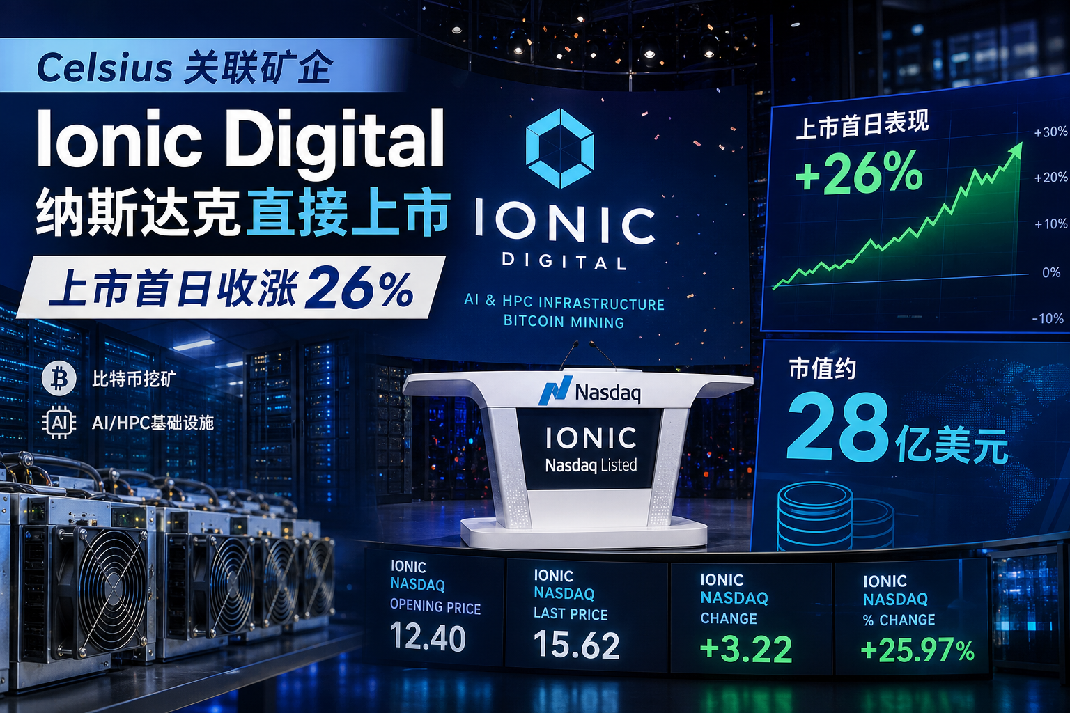 Celsius 关联矿企 Ionic Digital 上市首日收涨 26%,市值约 28 亿美元