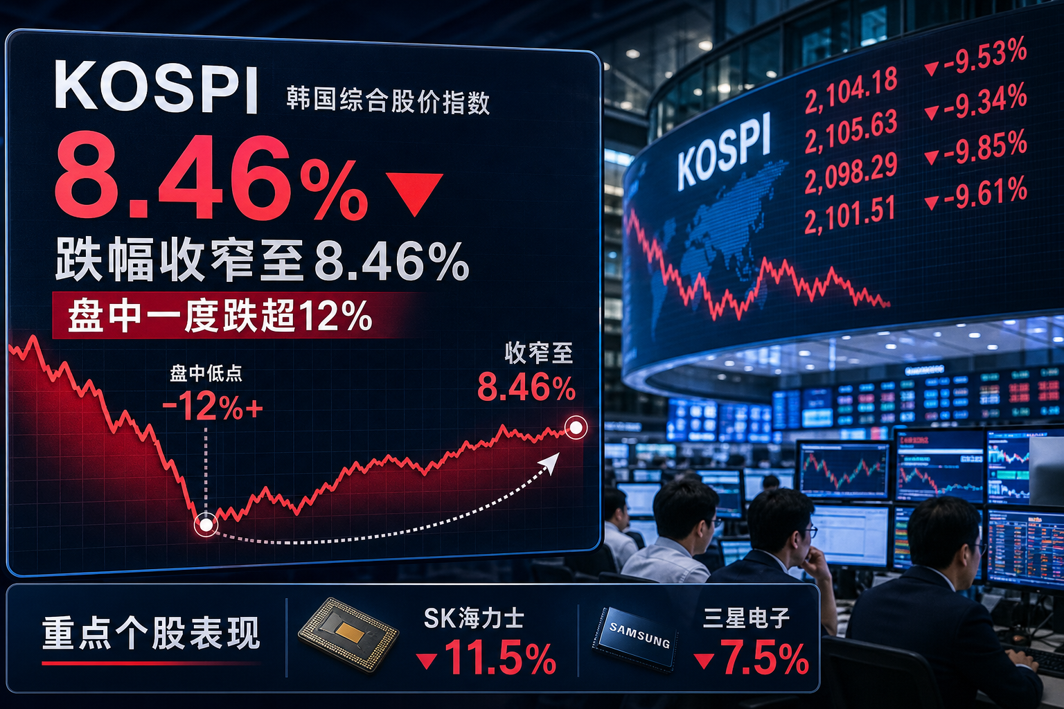 韩国KOSPI指数跌幅收窄至8.46%，此前一度跌超12%