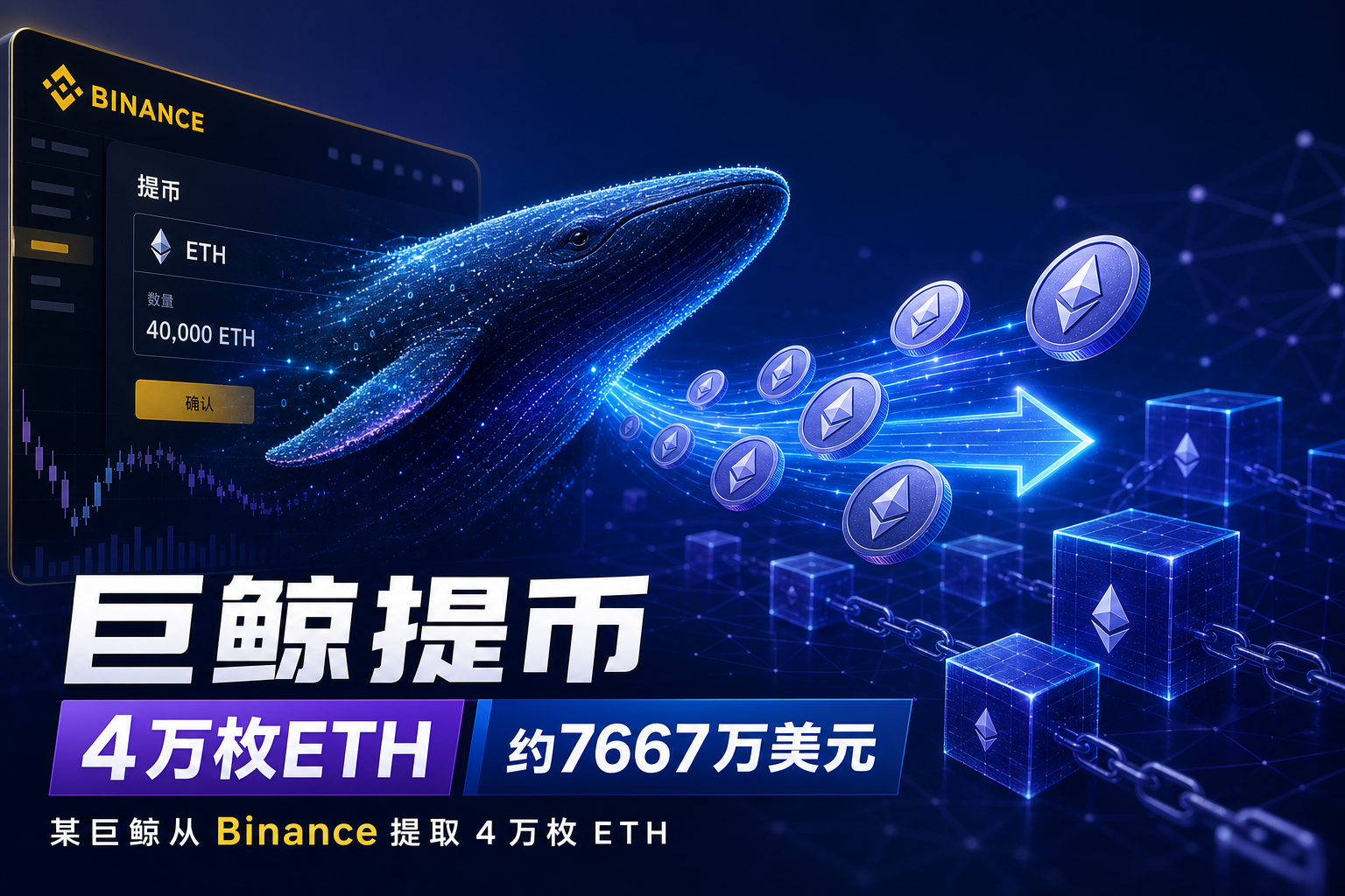 某巨鲸从 Binance 提取 4 万枚 ETH，价值约 7667 万美元