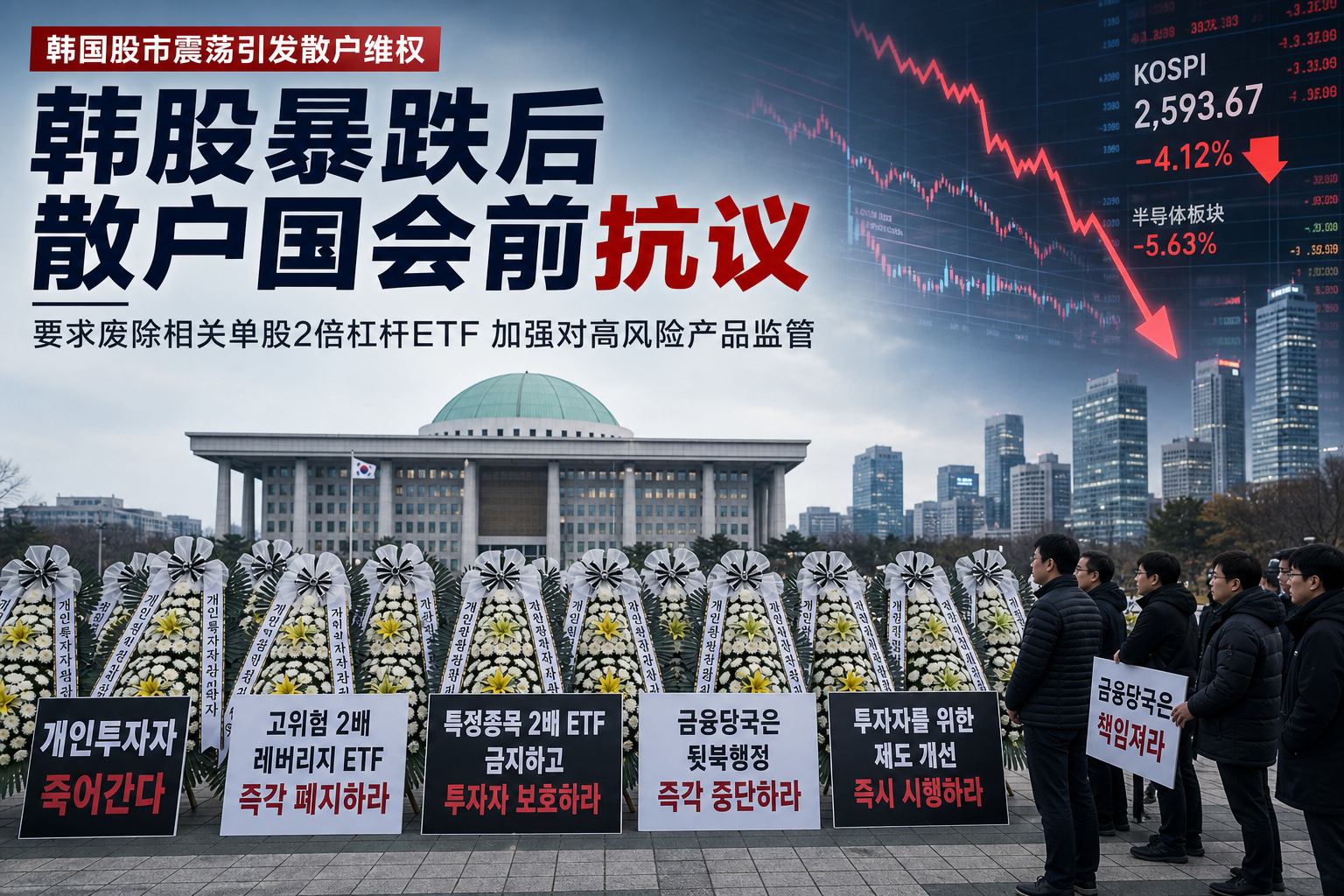 韩股暴跌后,韩国散户在国会前摆花圈,要求废除三星、海力士杠杆ETF