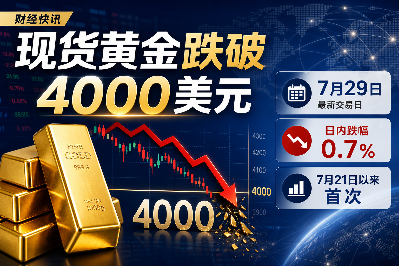 现货黄金跌破4000美元，为7月21日以来首次