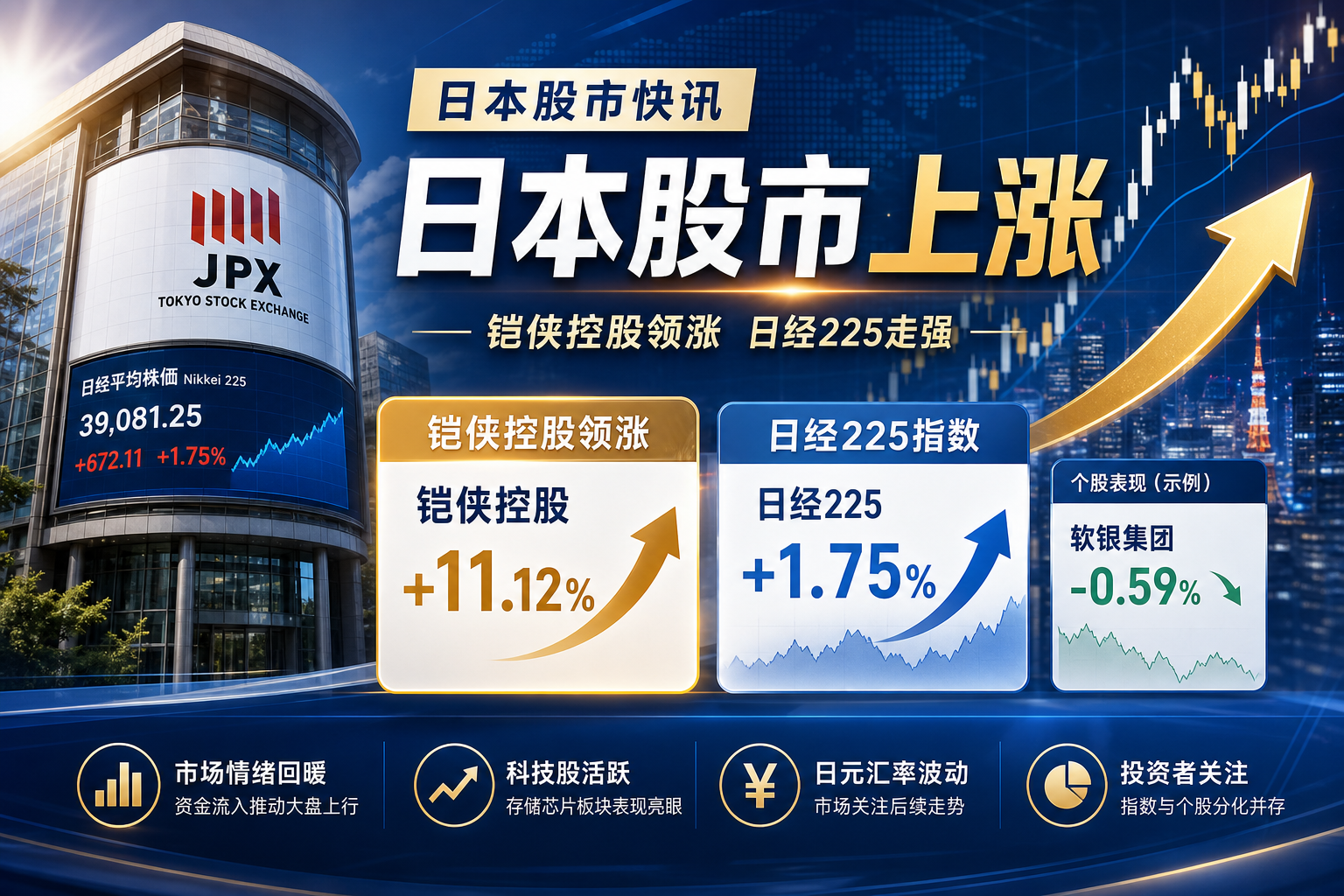 日本铠侠控股涨超11%，日经225指数涨1.75%