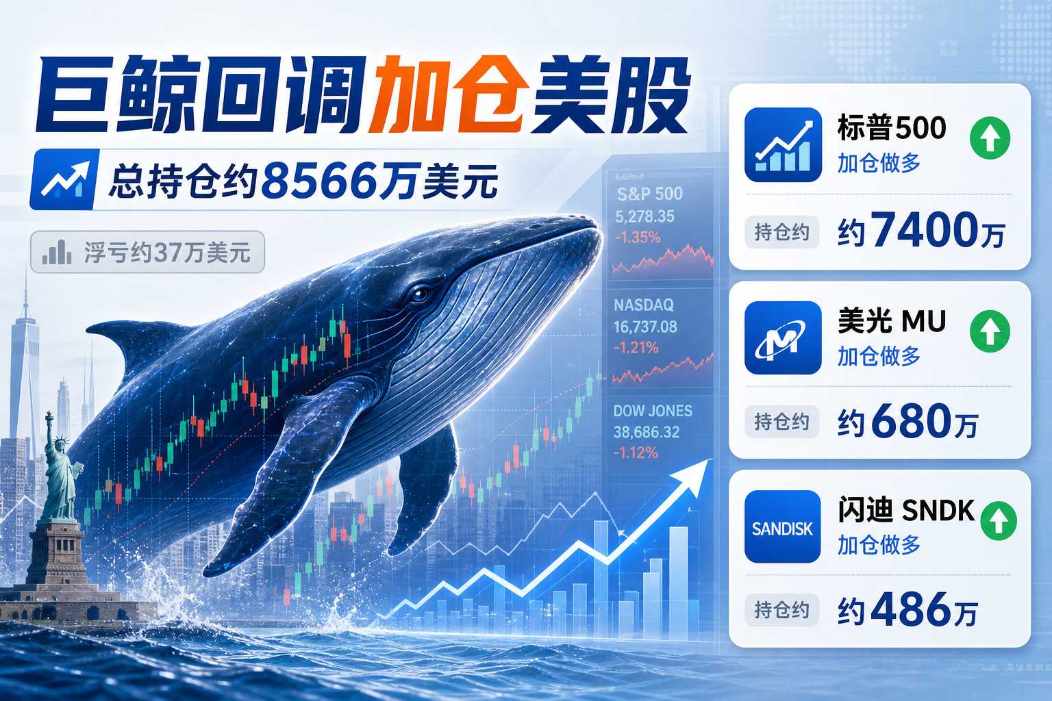 某巨鲸逢美股回调加仓标普500与存储板块,总持仓约8566万美元