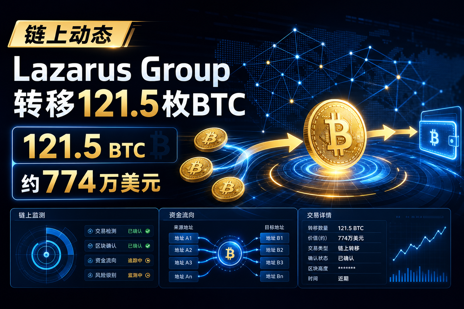 链上动态：Lazarus Group 转移121.5枚BTC
