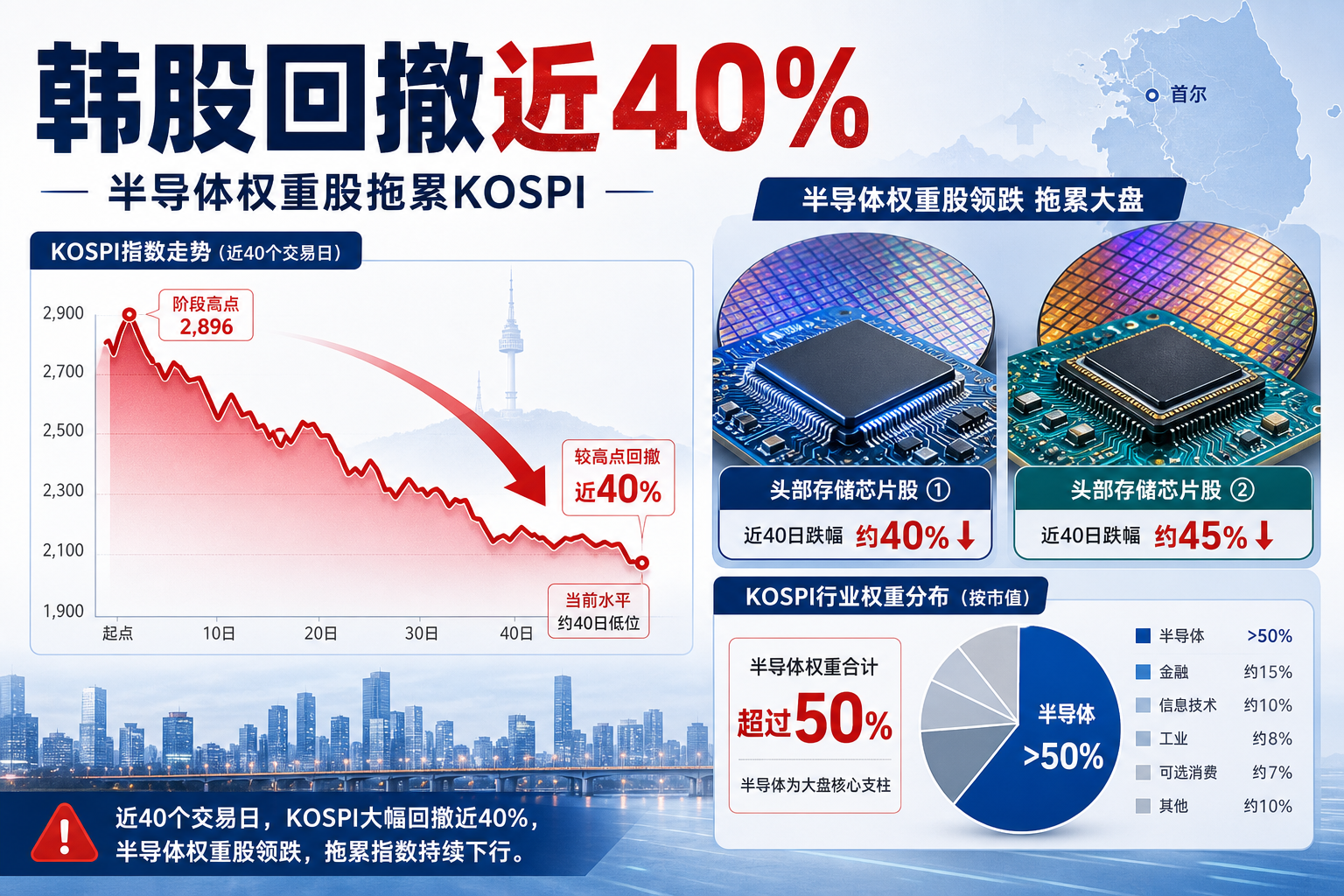 韩股 KOSPI 指数约 40 天大幅回撤，半导体权重股成为主要拖累