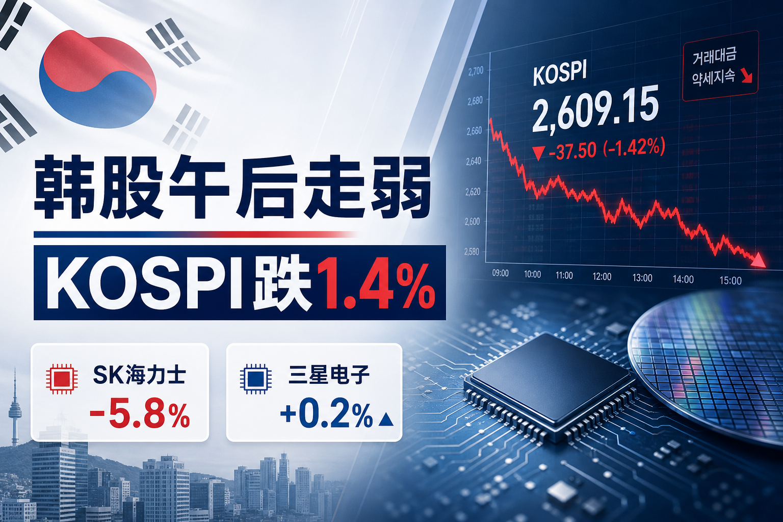 韩国股市午后持续走弱,KOSPI指数跌幅扩大至1.4%