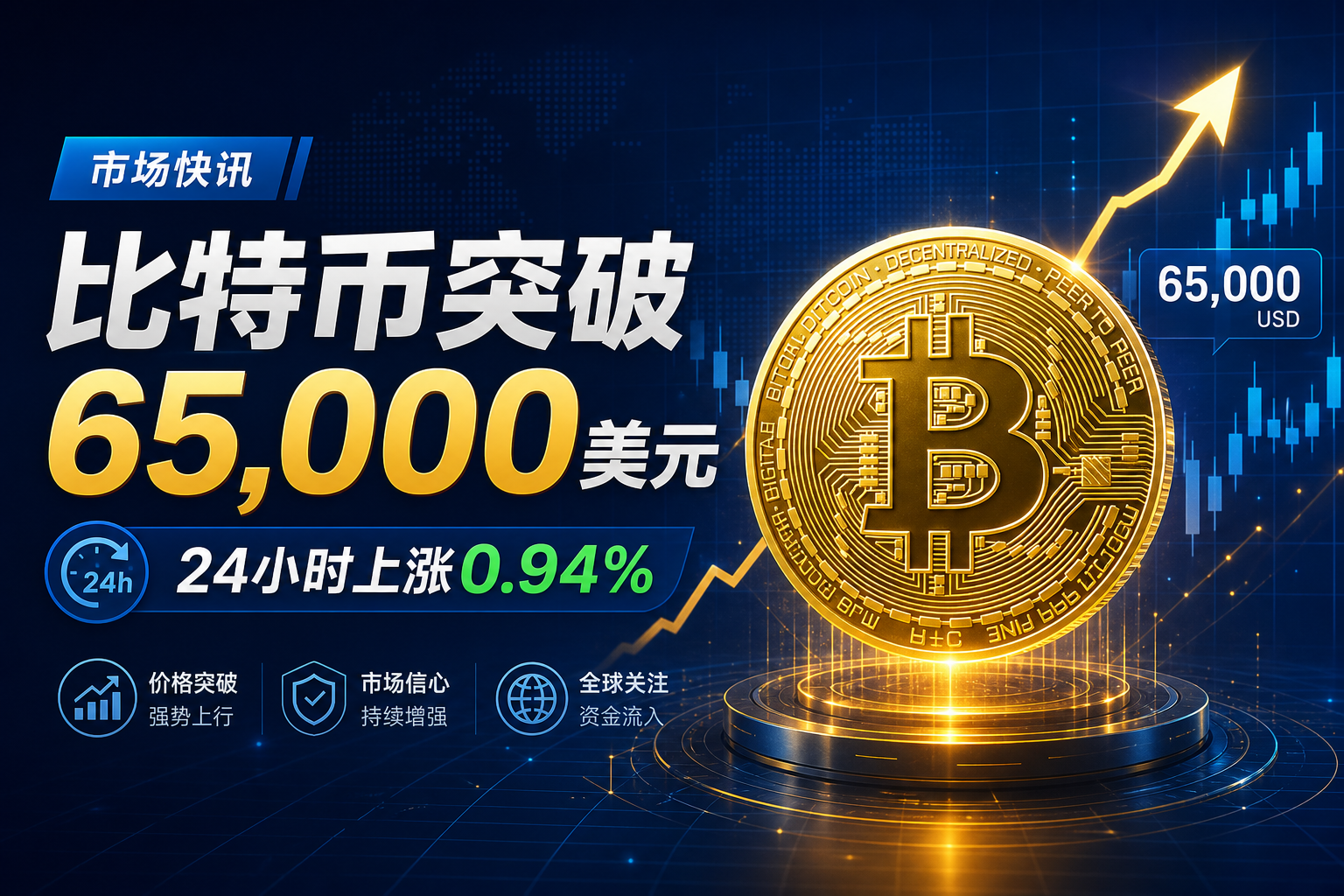 比特币突破65,000美元，24小时上涨0.94%