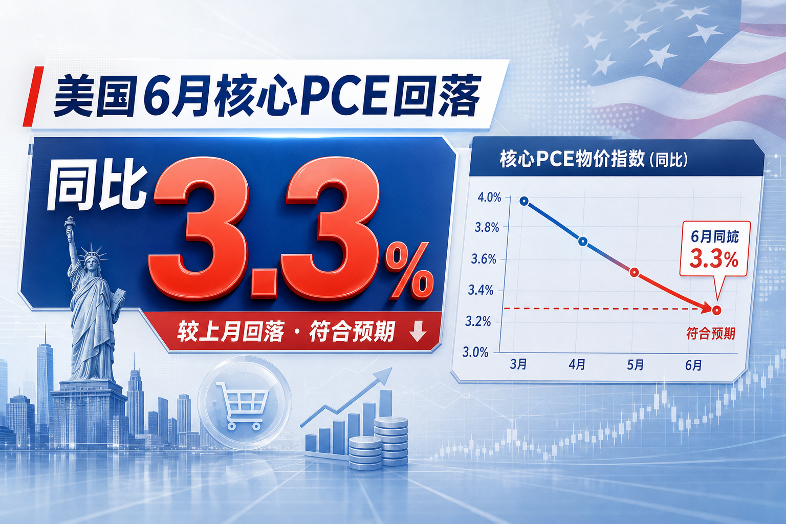 美国6月核心PCE同比回落至3.3%