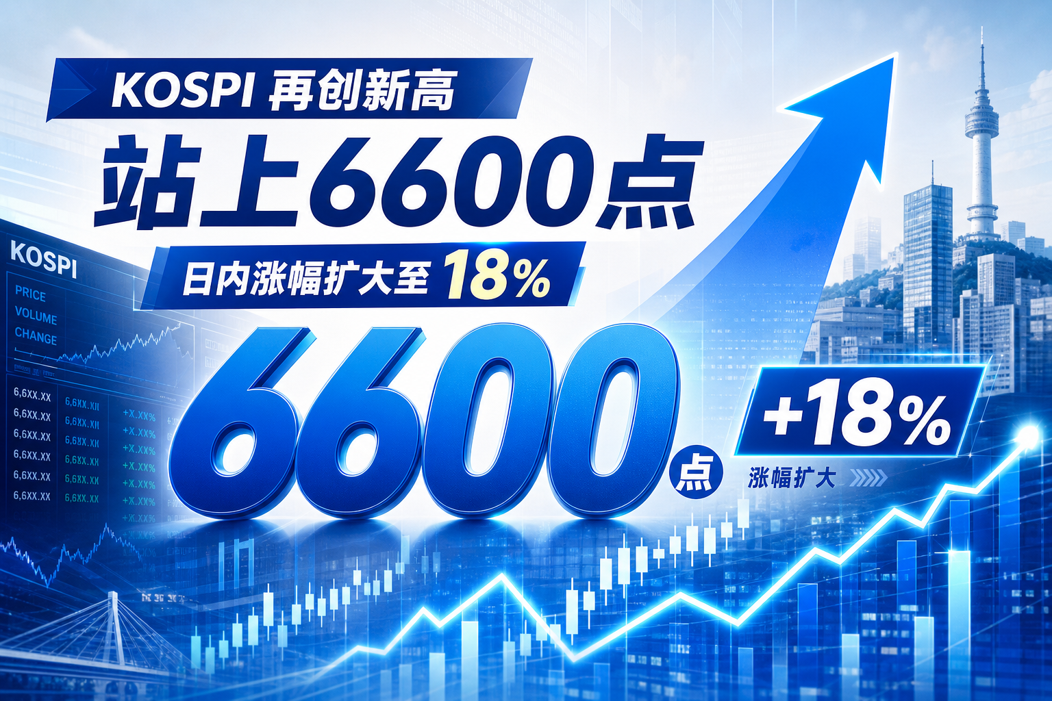 韩国KOSPI指数站上6600点，日内涨幅扩大至18%
