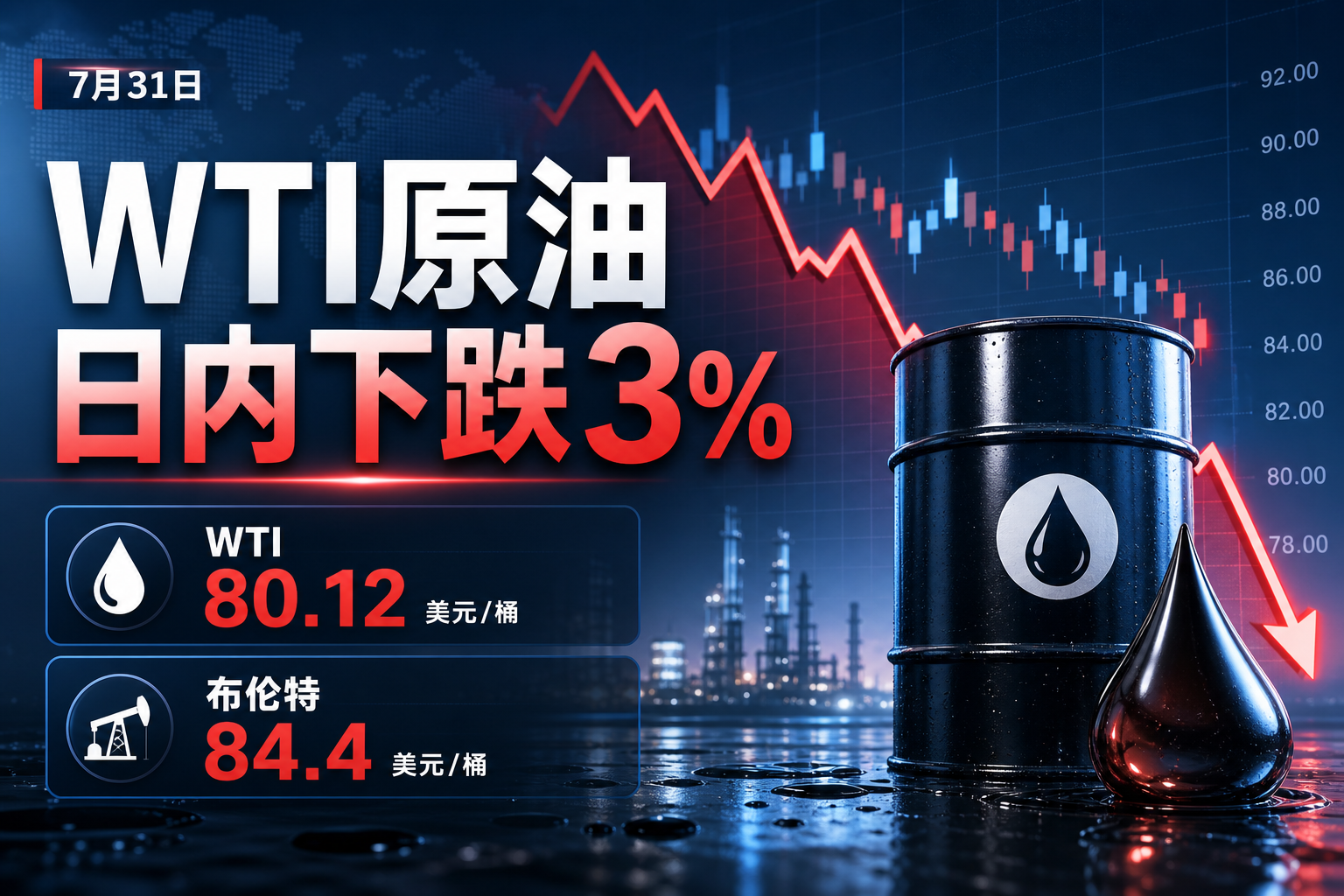 WTI原油日内下跌3%
