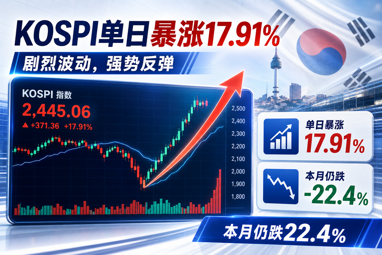 韩国KOSPI指数收涨近18%,本月累计下跌22.4%