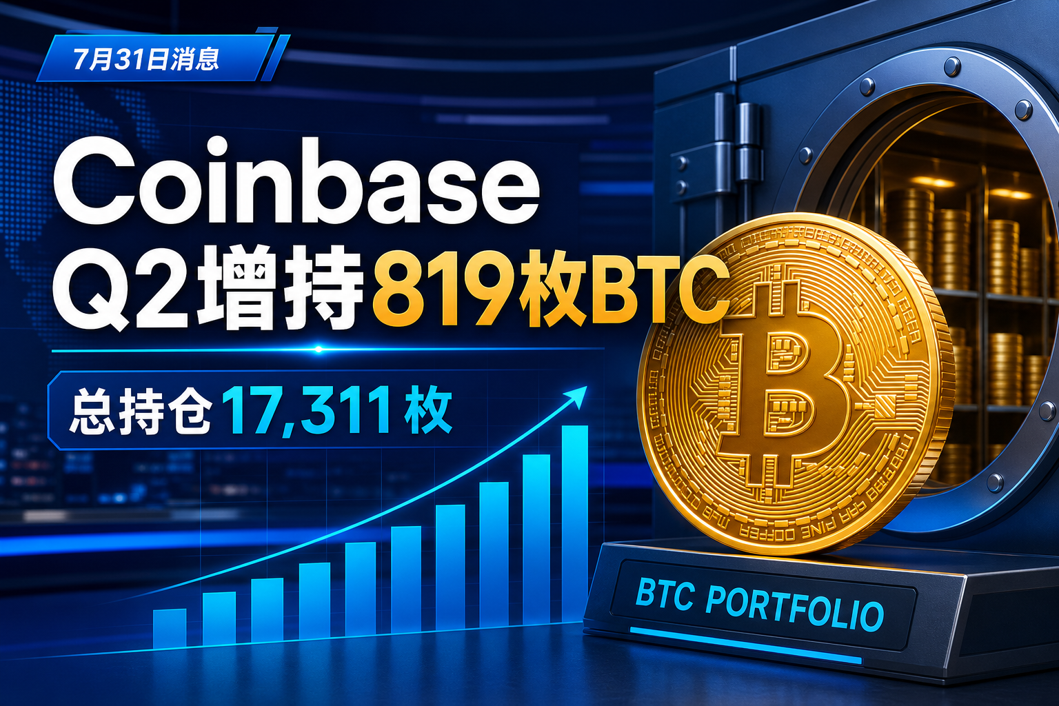 Coinbase Q2增持819枚BTC，总持仓达17,311枚