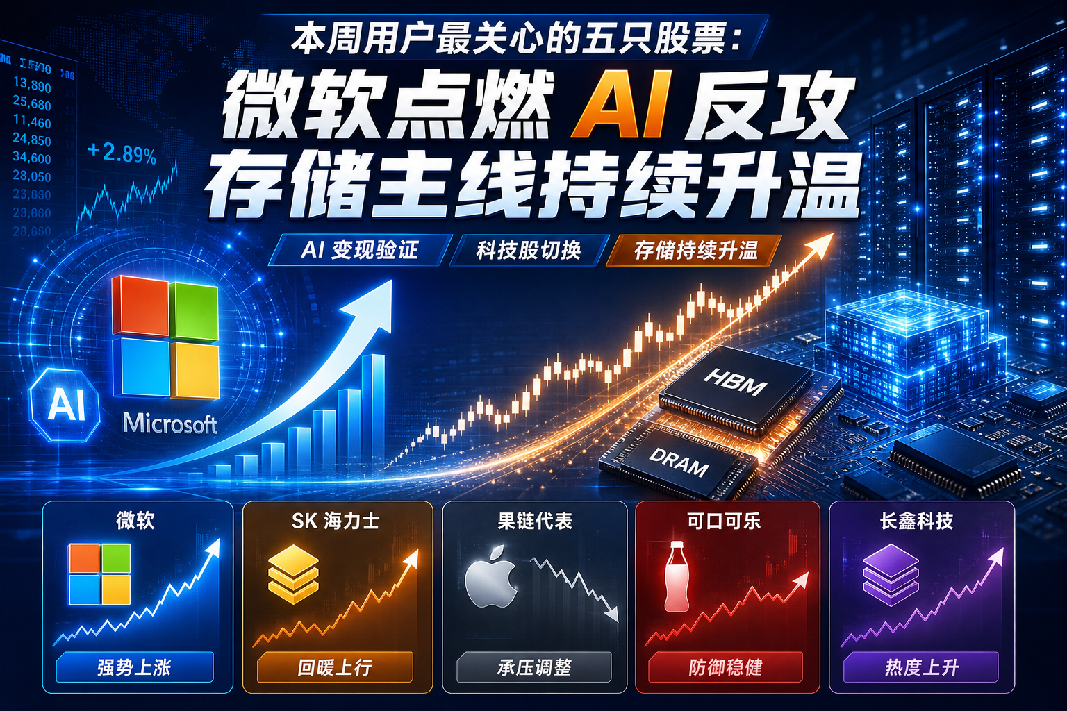 本周用户最关心的五只股票:微软点燃 AI 反攻,存储主线持续升温