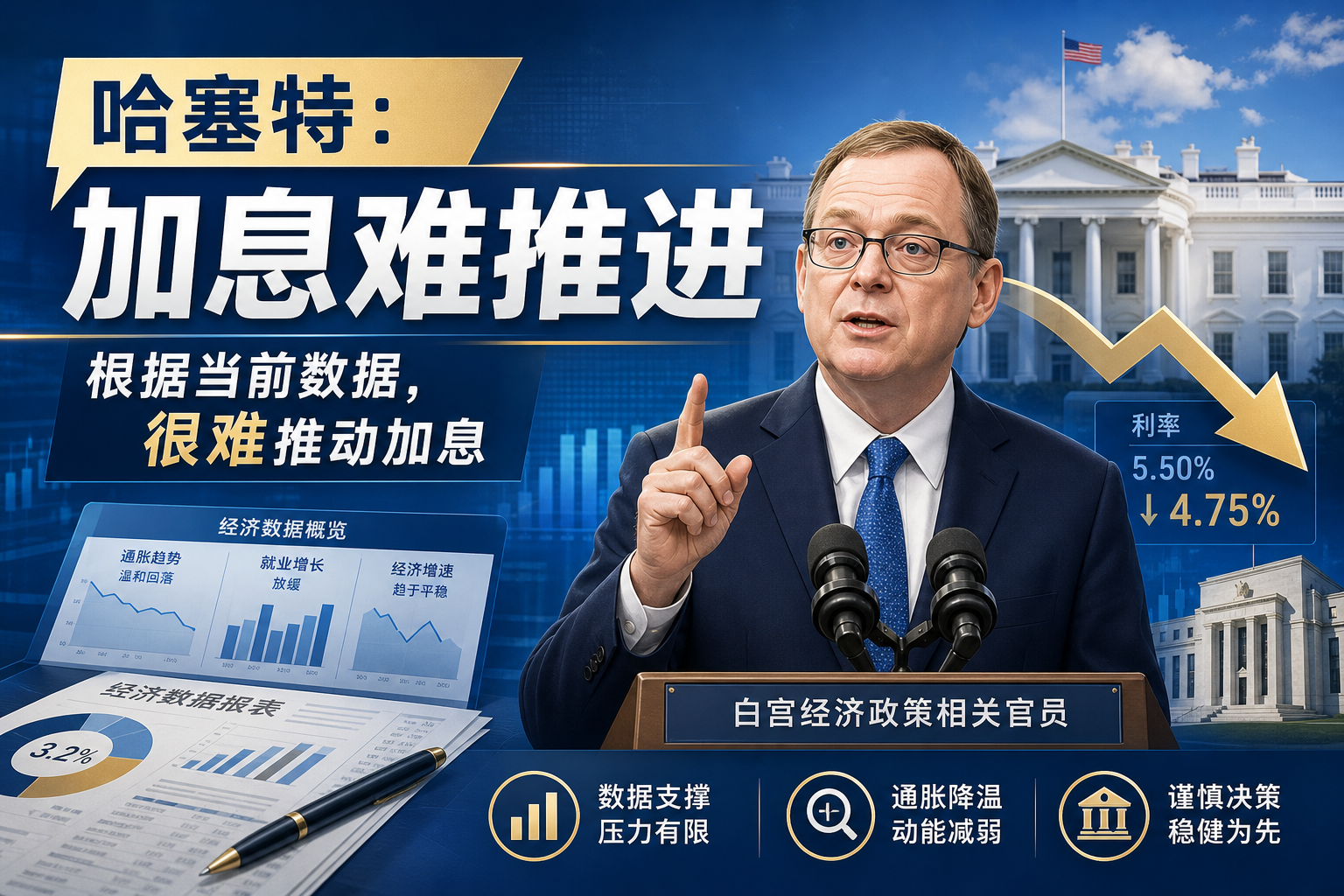 哈塞特：根据当前数据，很难推动加息
