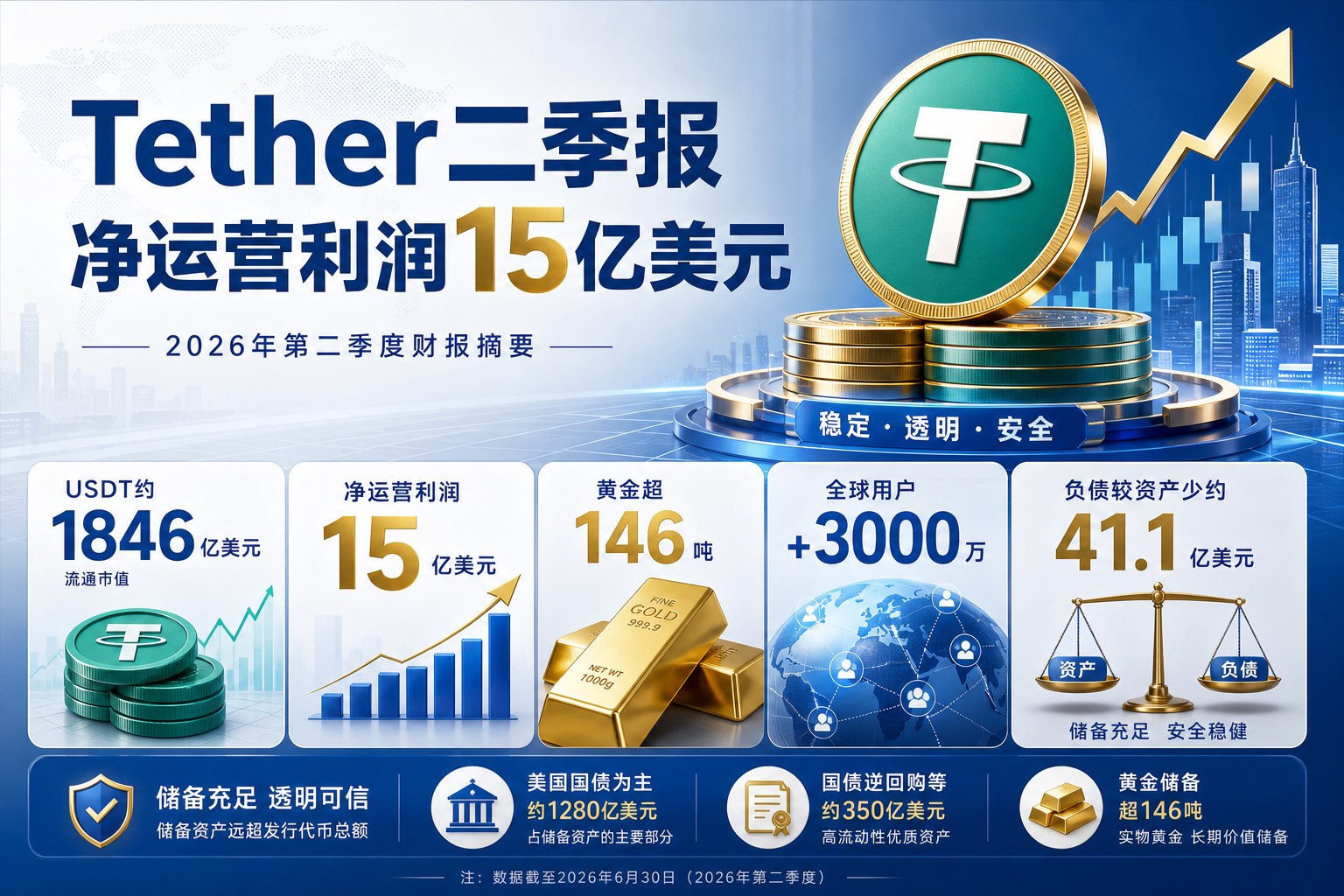 Tether发布2026年第二季度财报:净运营利润达15亿美元