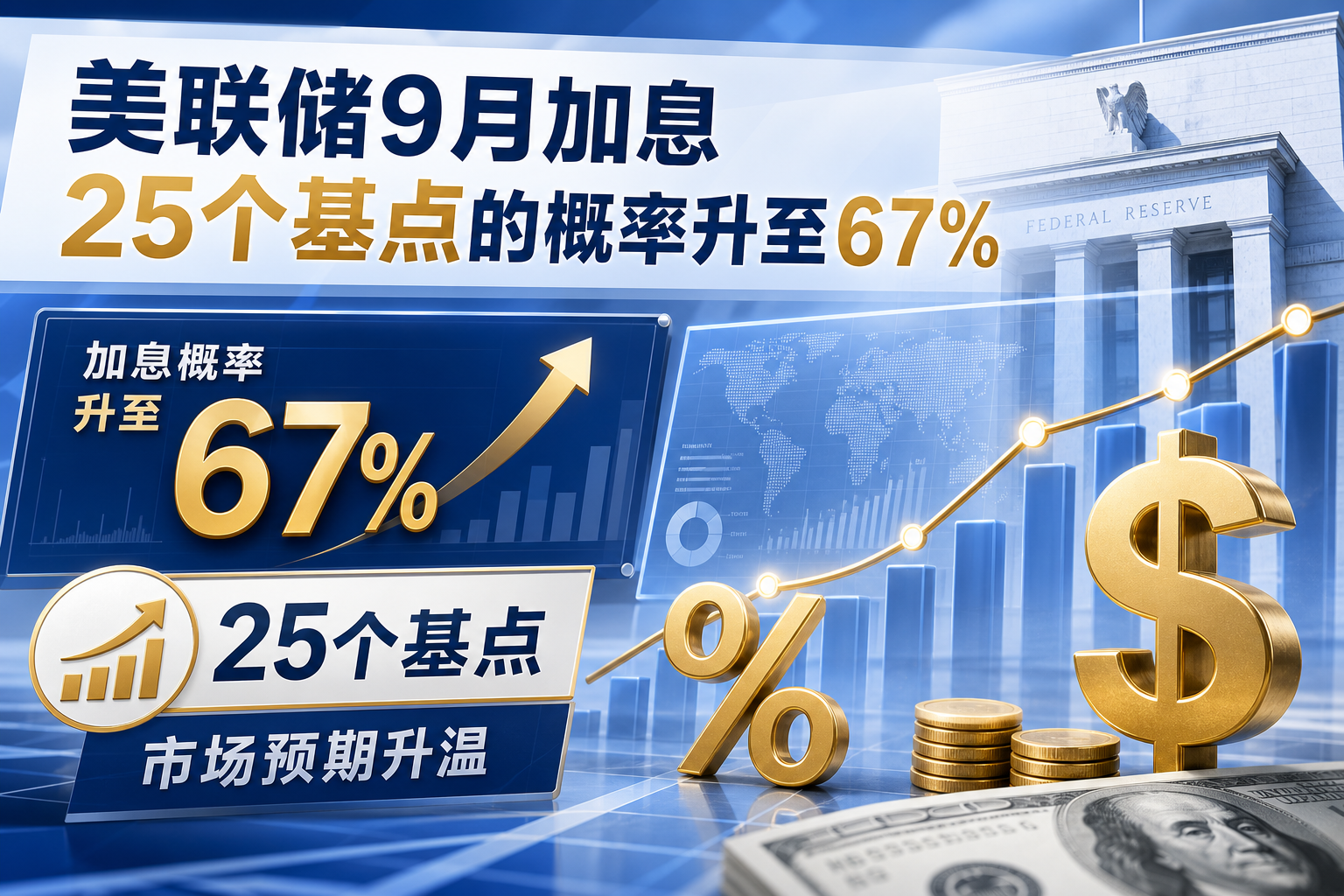 美联储9月加息25个基点的概率升至67%