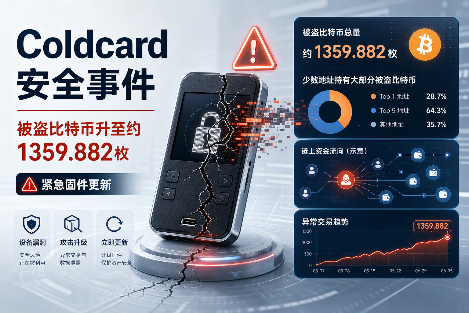 Coldcard 安全事件被盗比特币升至约 1359.882 枚,攻击者地址收到 10% 洗币报价
