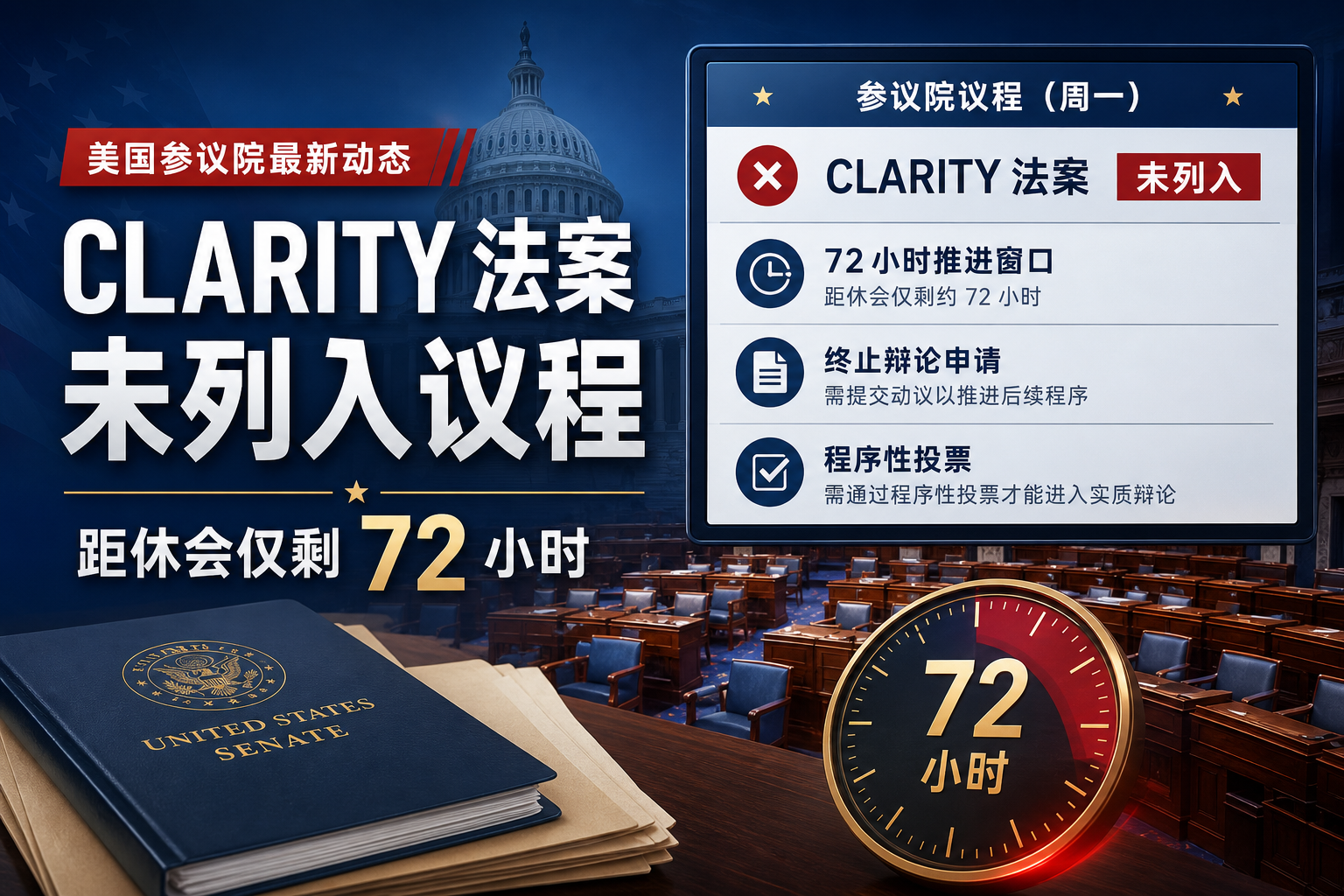 CLARITY 法案未列入参议院周一议程,距休会仅剩 72 小时推进窗口