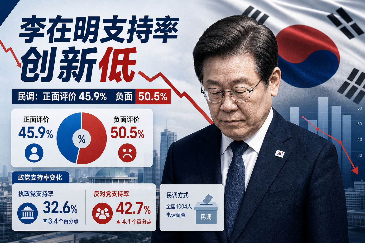 韩国总统李在明支持率跌至就职以来最低点