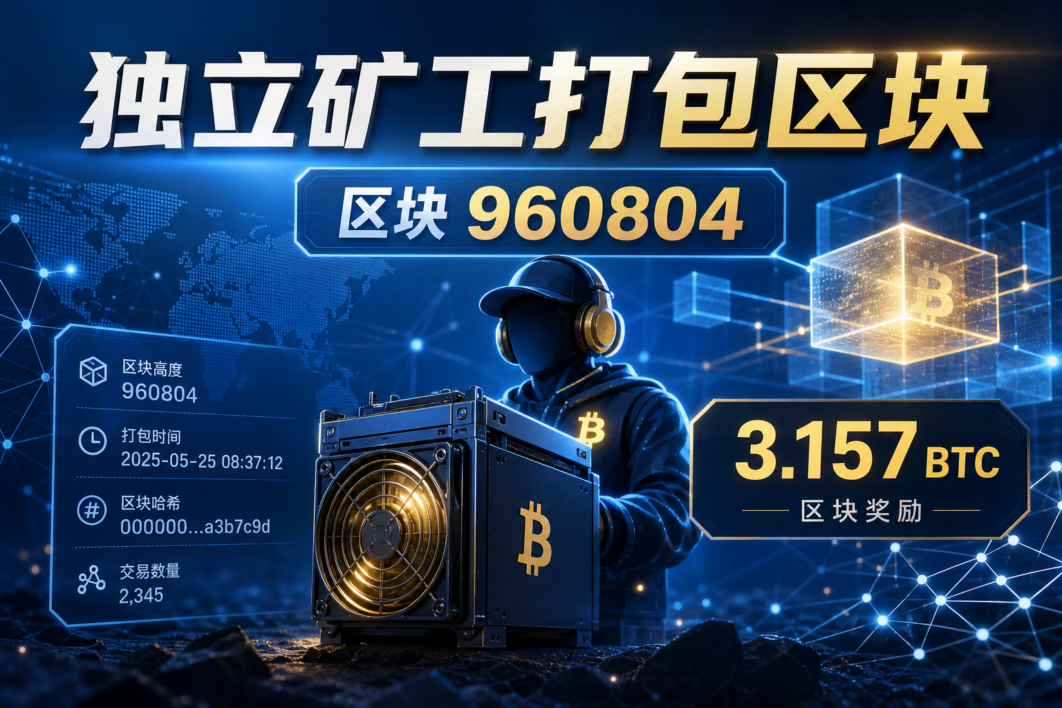 独立矿工成功打包比特币区块 960804，获得 3.157 枚 BTC