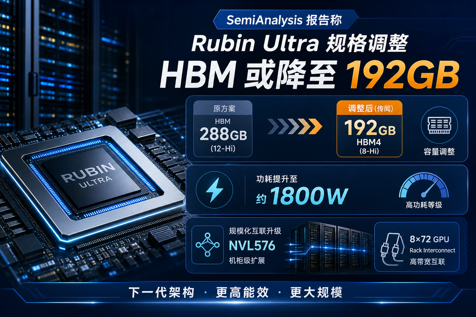 SemiAnalysis:英伟达 Rubin Ultra 主线版本 HBM 或降至 192GB